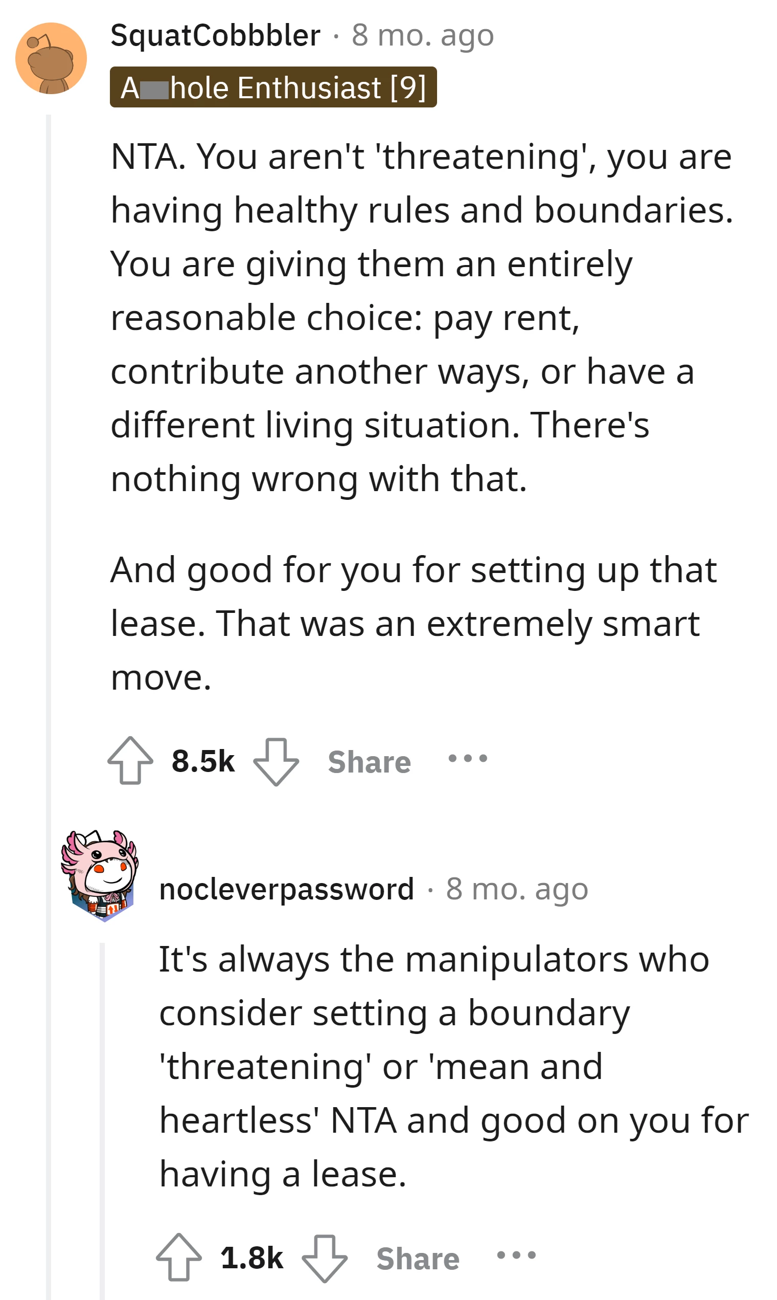 Setting healthy rules and boundaries, including the lease, is reasonable and not threatening