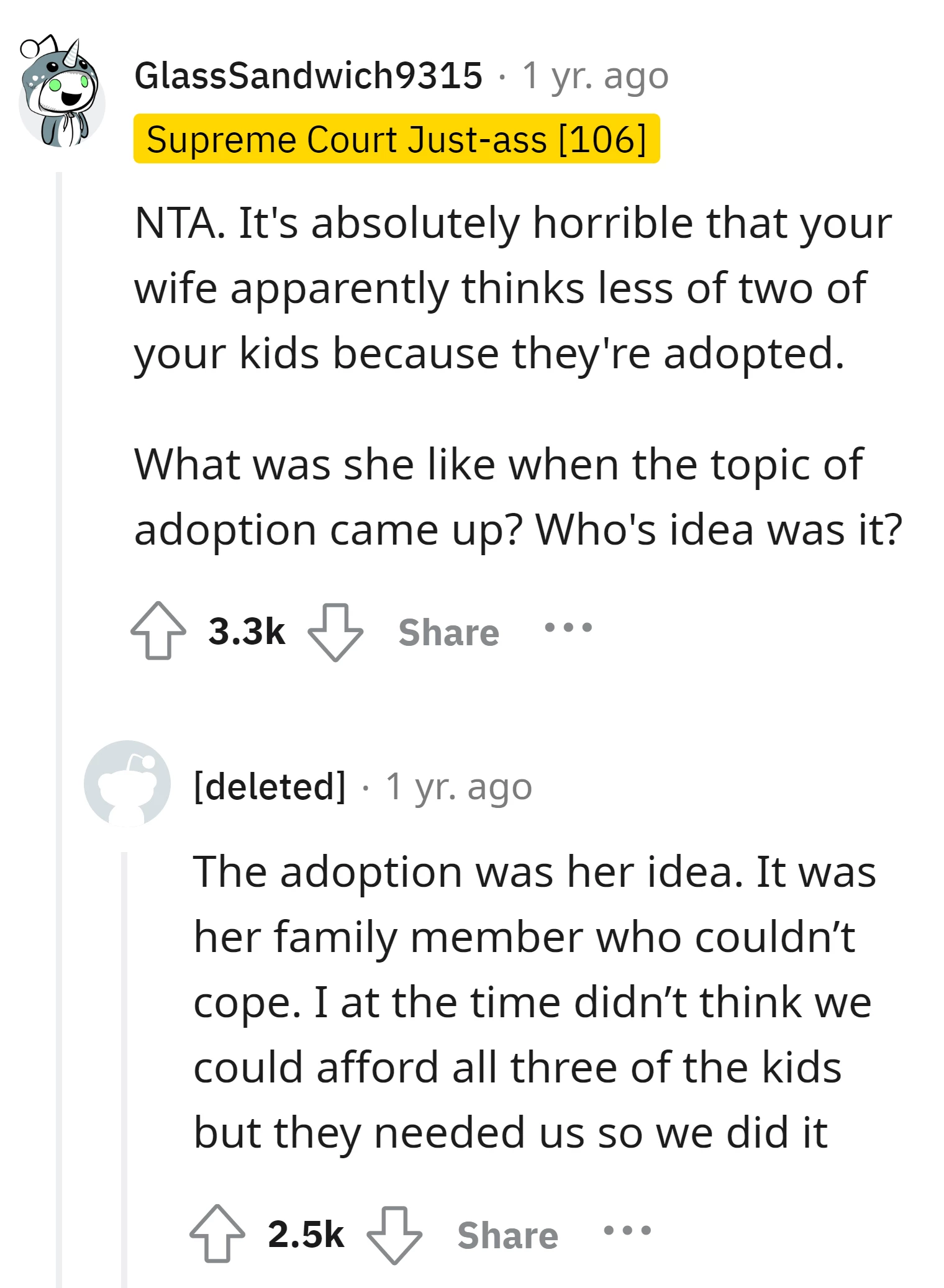 It's terrible if the wife values the adopted children less