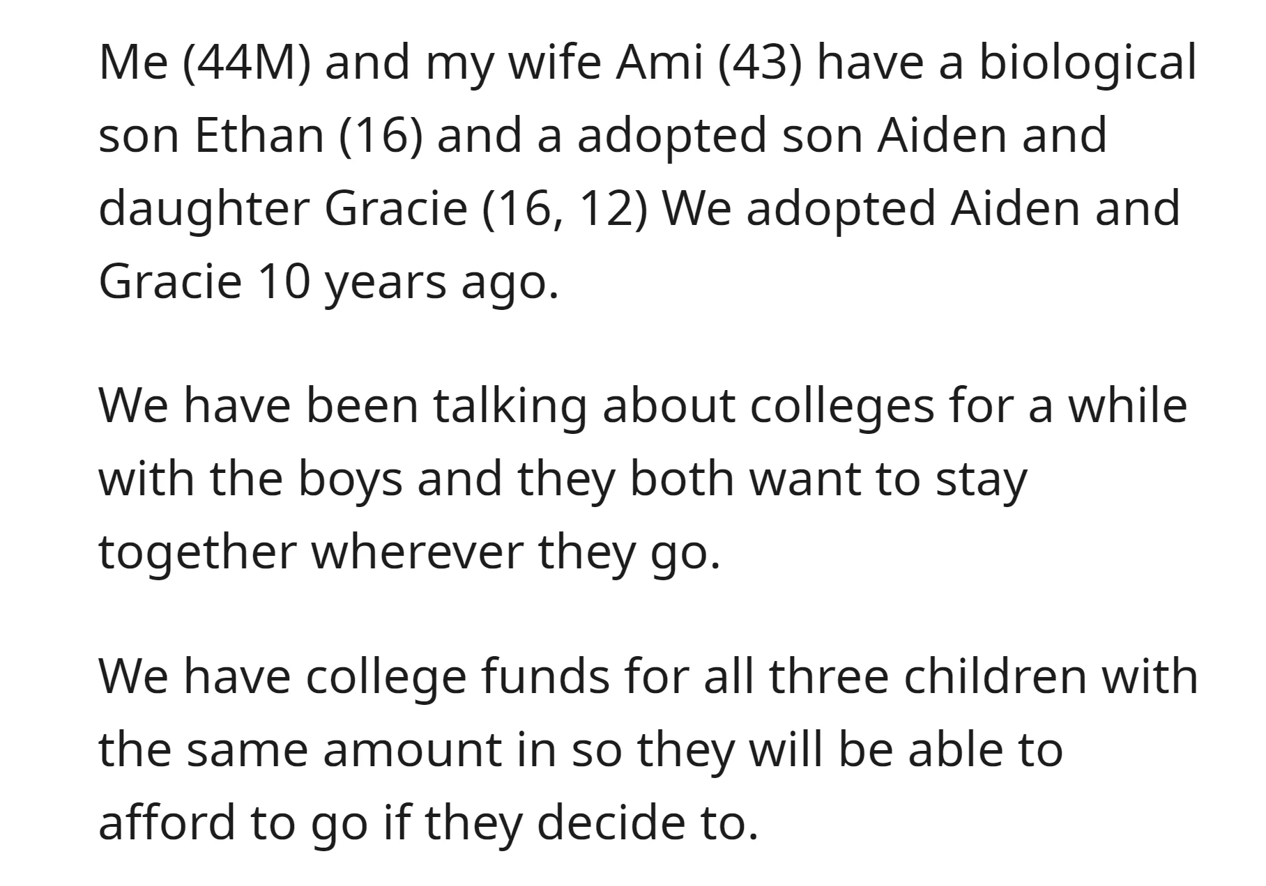 OP has equal college funds for all three children