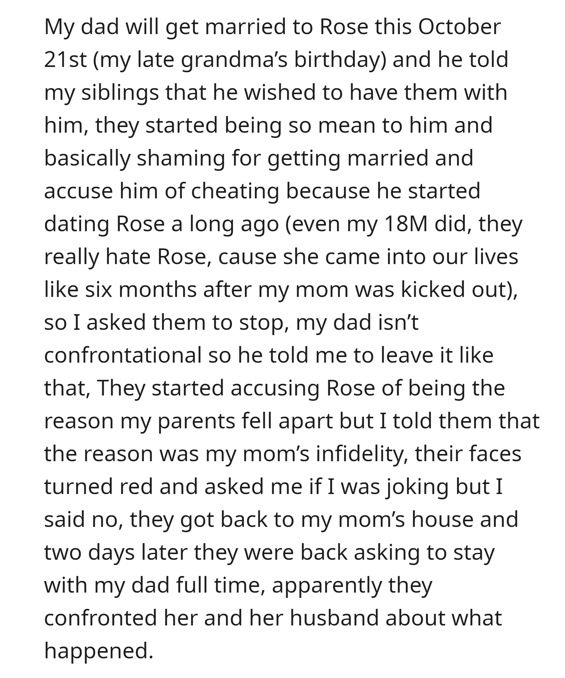 OP's siblings sought to live with their dad full time after learning the truth about their mother's infidelity