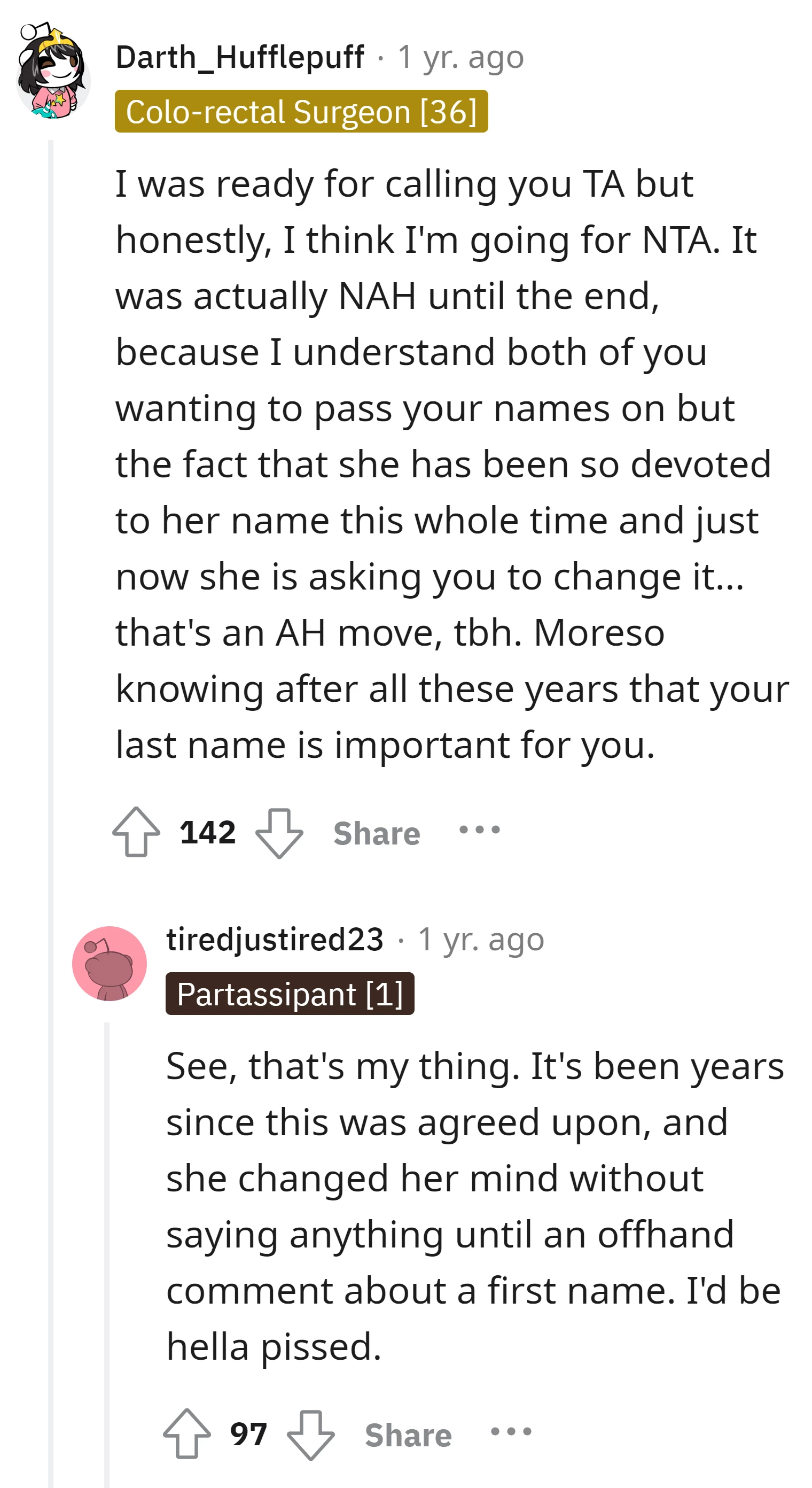 Commenter criticizes the wife's sudden change and request for the OP to alter his last name