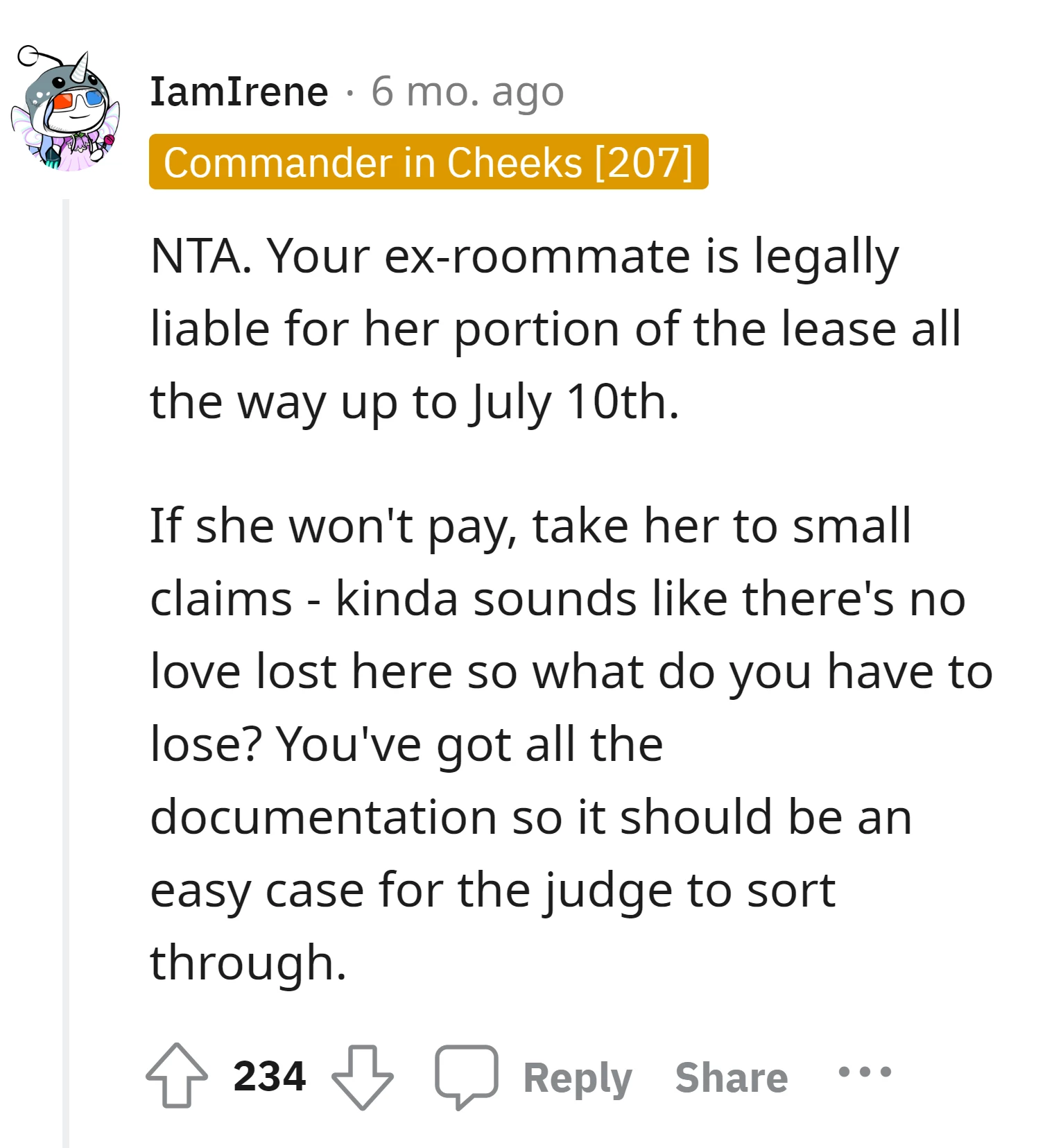 The ex-roommate is legally responsible for rent
