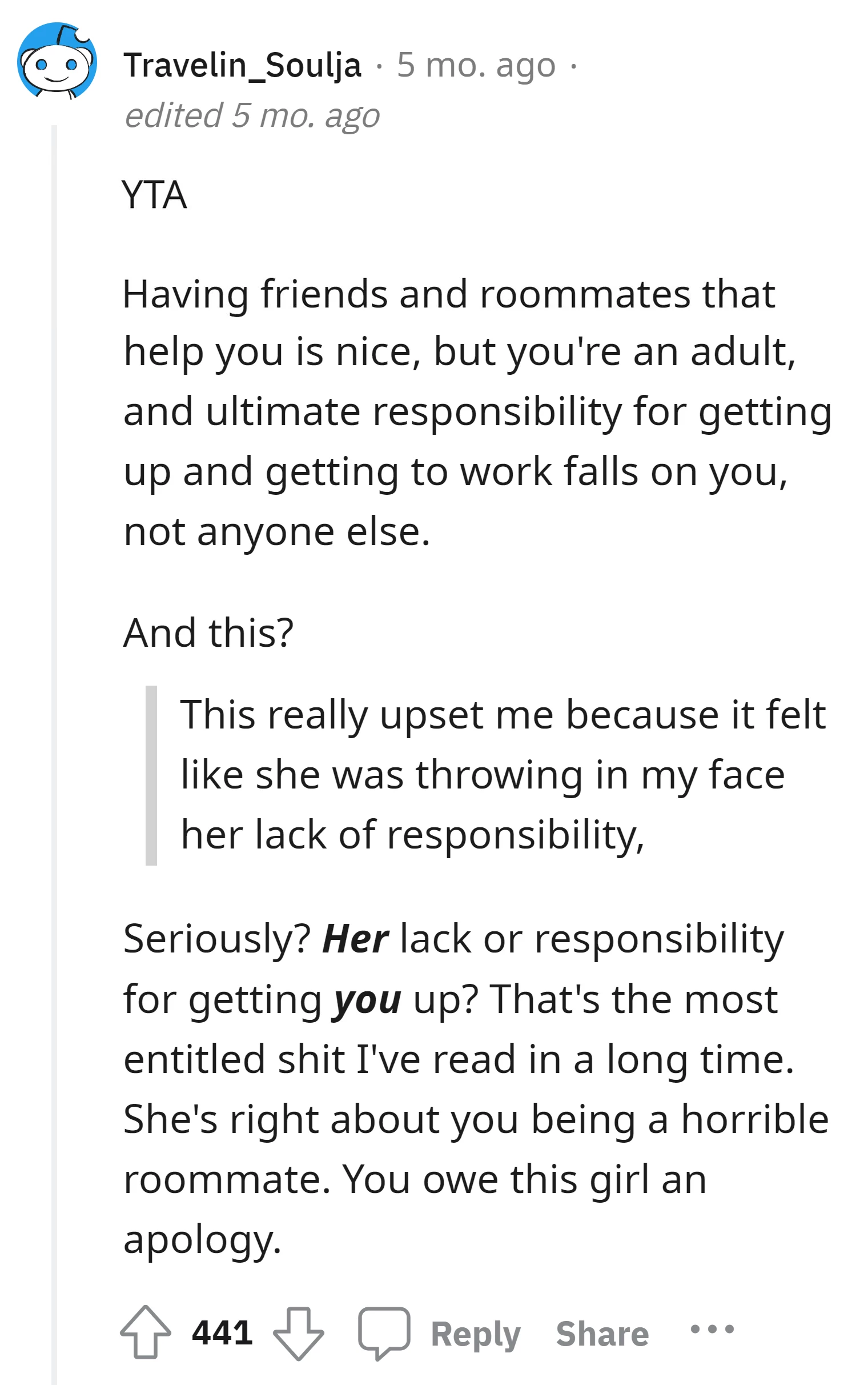 The responsibility of waking up and getting to work lies with the OP, not her roommate