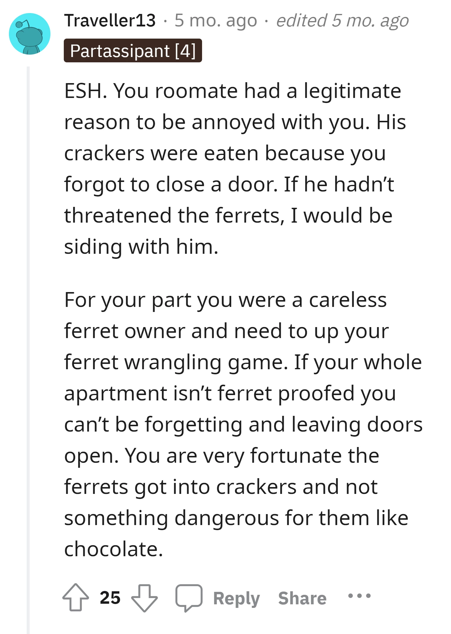 OP gets criticized for being a careless ferret owner
