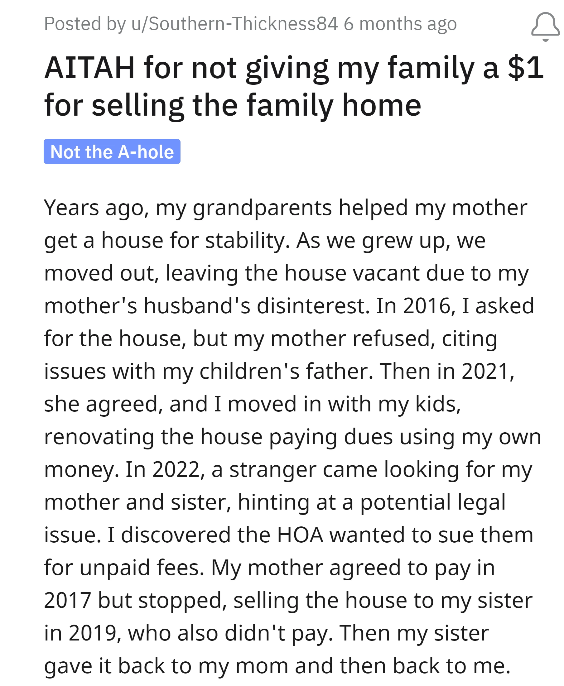 OP's grandparents helped their mother get a house years ago