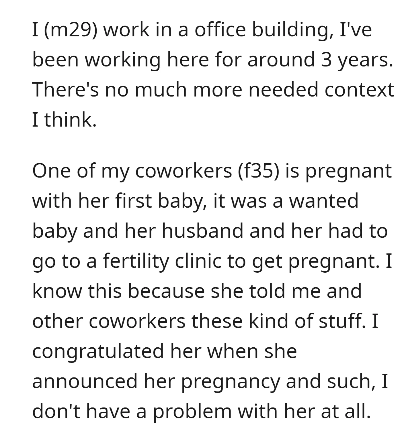 OP's pregnant coworker openly shared her fertility clinic journey with colleagues