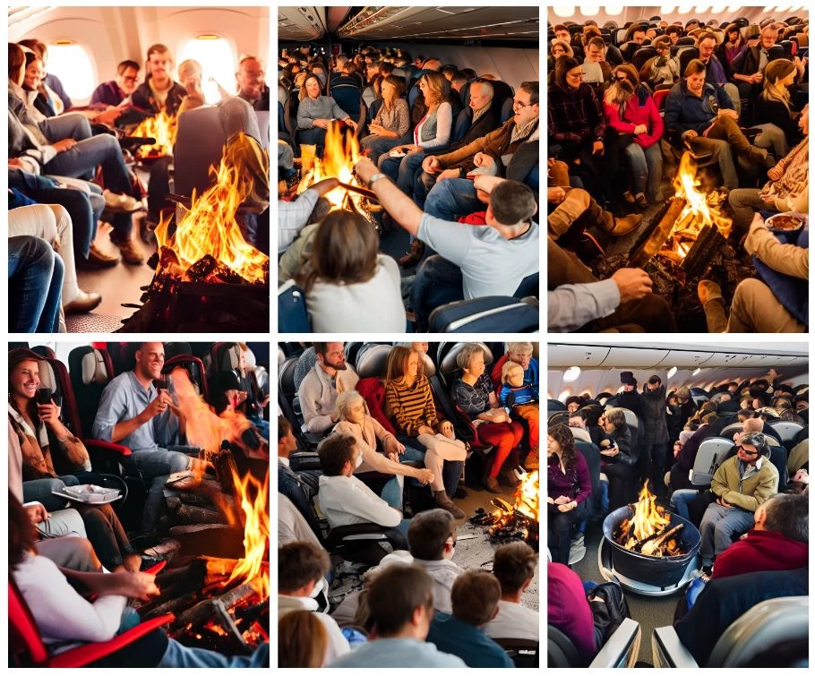 People Sitting Round the Fire On A Crowded Airplane