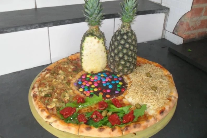 Beansprouts, M&M's, Salad And One Pineapple Pizza