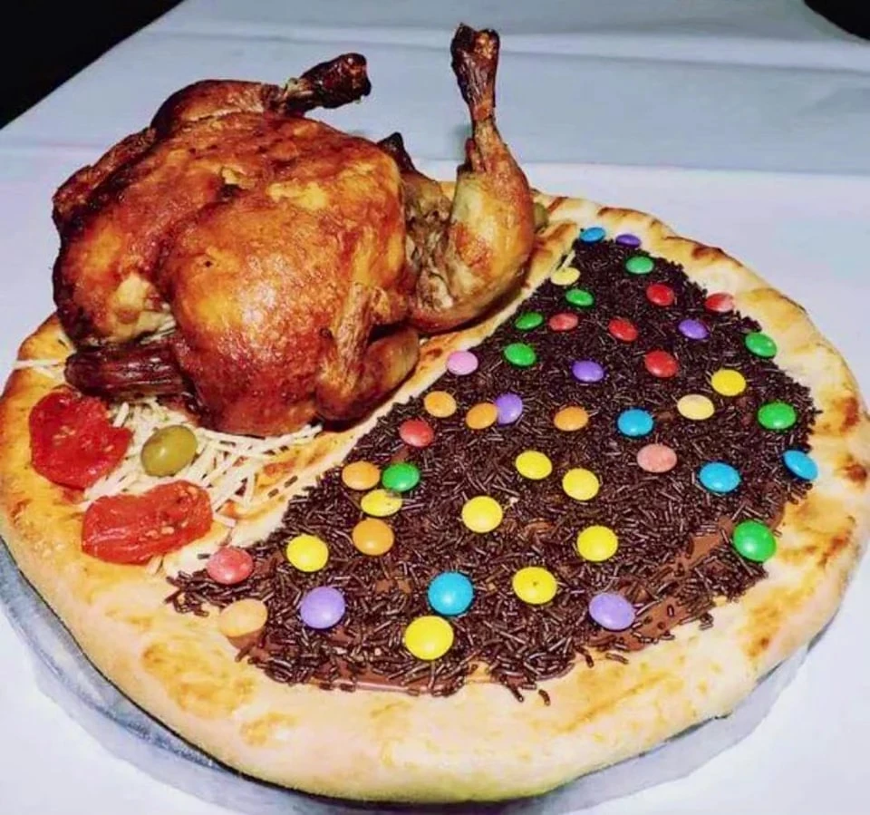 A Whole Chicken With Chocolate Sprinkles Pizza