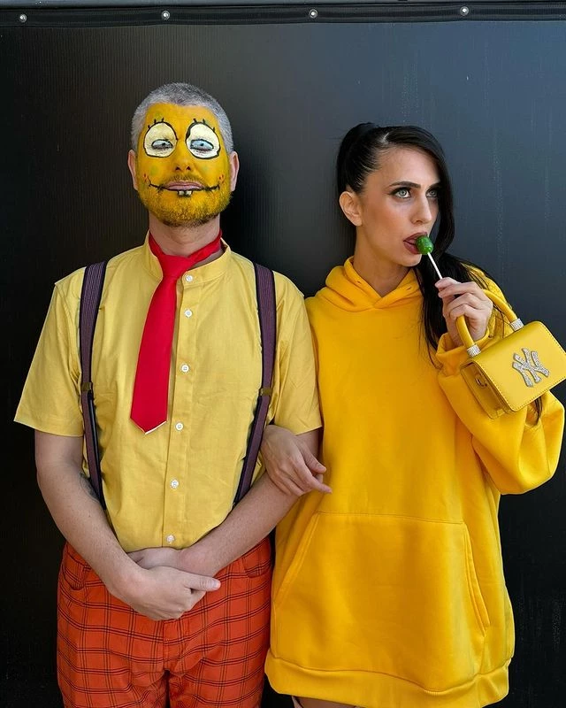 YouTubers Hila and Ethan Klein dressed as Ariana Grande and SpongeBob — a reference to the singer's current boyfriend, Ethan Slater, who starred in SpongeBob SquarePants: The Broadway Musical.