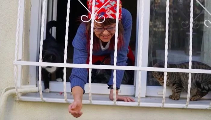 She built a cat ladder that leads into her home.