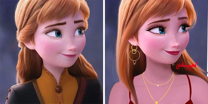 Anna (Frozen) Is Donning A Vibrant Red Dress, With Some Golden Accessories To Boot