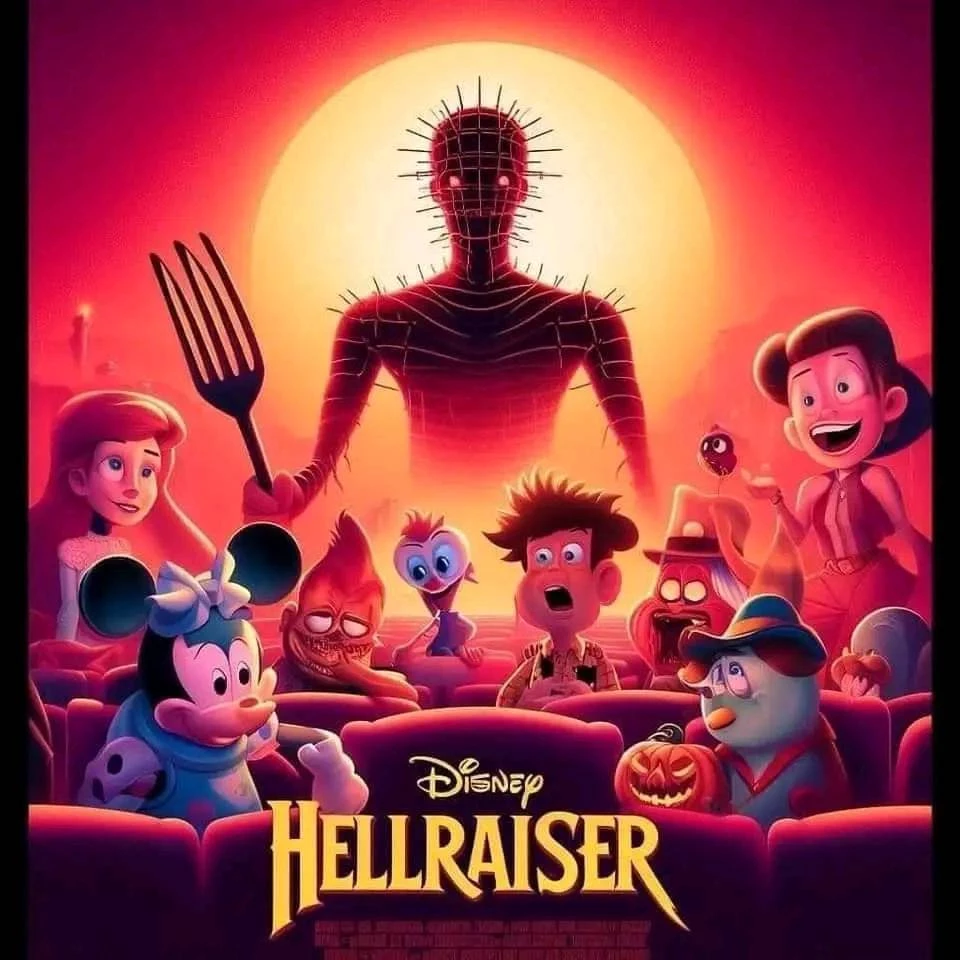 Hellraiser (1987): The AI Just Inserts A Bunch Of Disney Characters In The Poster, Thinking We Wouldn’t Notice