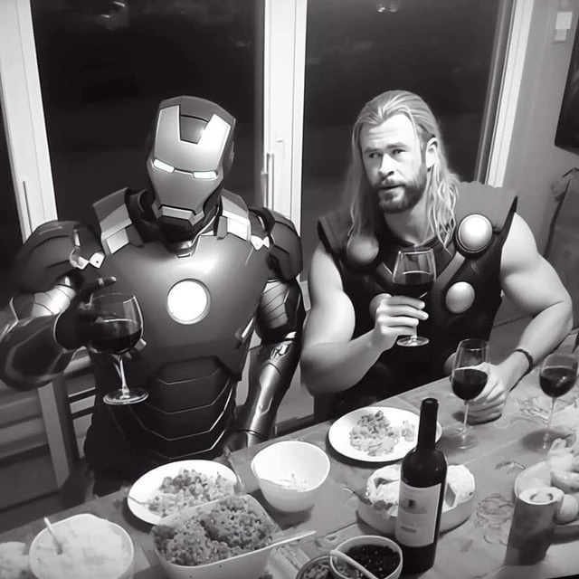 Iron Man And Thor Enjoying A Nice Glass Of Champagne Before Digging In