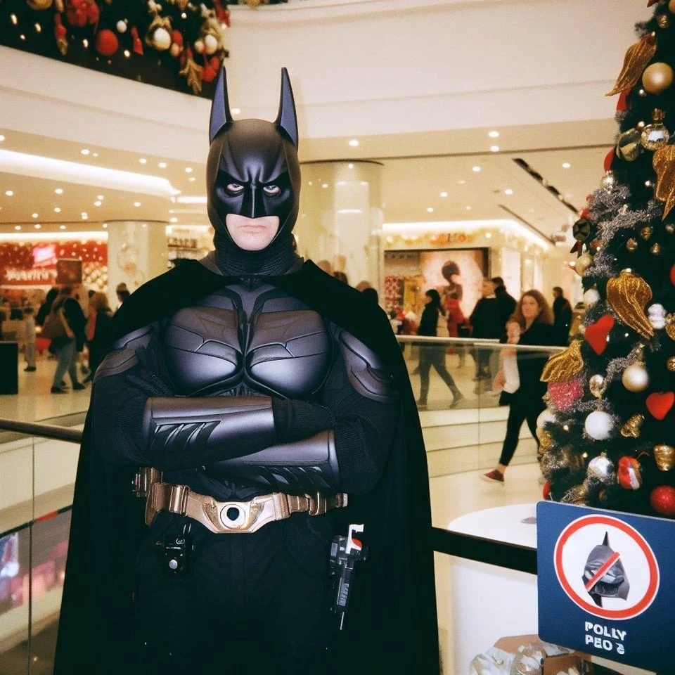 Batman Is Taking A Picture With His Batsuit Besides The Christmas Tree, Though The Sign Says “No Masks Allowed”