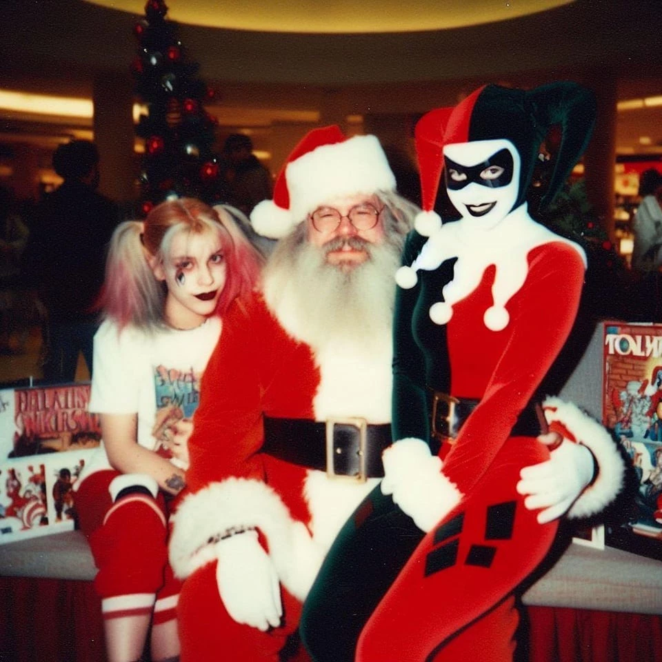 Santa Is Accompanied By Two Harley Quinns. Which One Is The Real One?