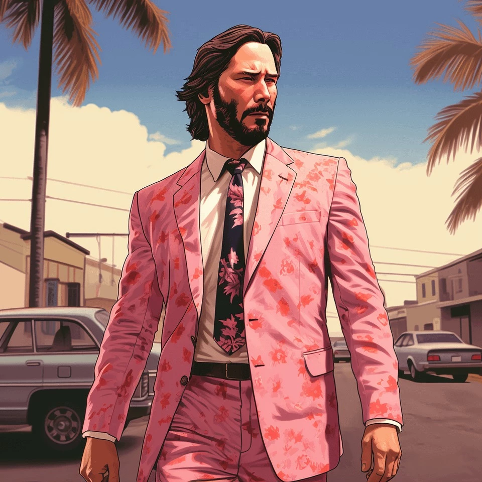 Keanu Reeves With An Elaborated Pink Suit, Ready To Cause Terror All Over Miami