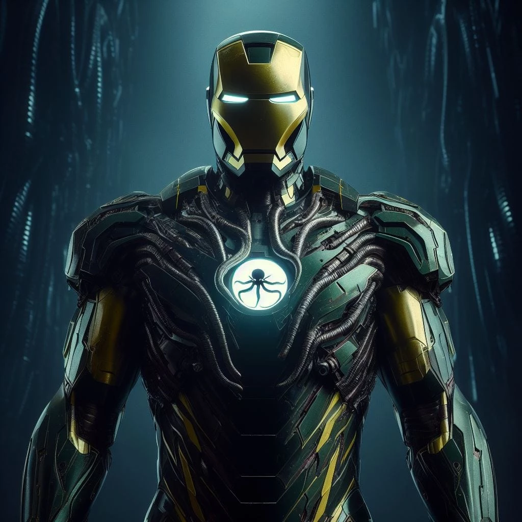 Iron Man With A Tailor-Made Suit For The Organization, With The Iconic Logo In The Middle Of The Repulsor