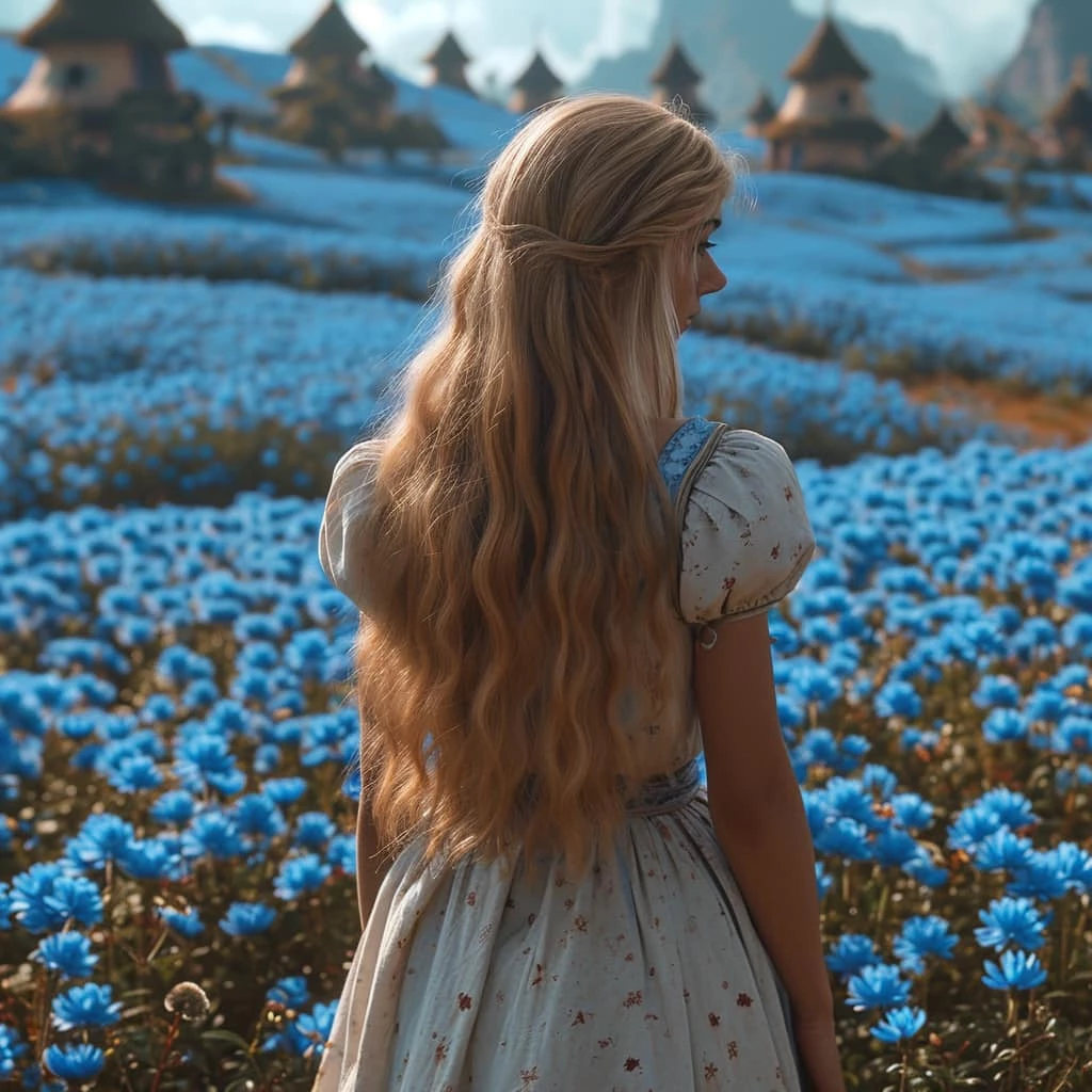 Alice Is Looking Towards A Stunning Field Of Blue Flowers